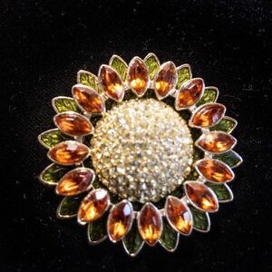 Signed Napier Sunflower Goldtone Brooch Pin Orange Lucite Crystals Green Enamel